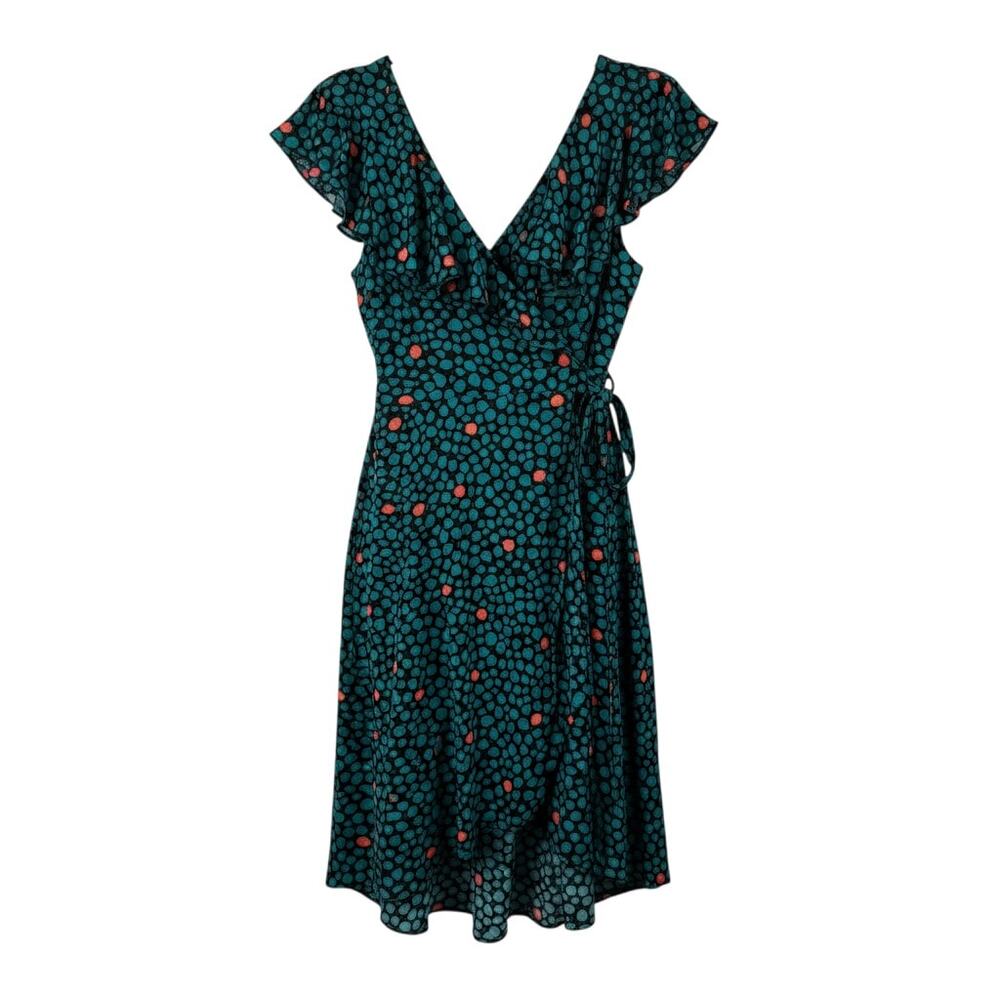 HD in Paris Anthropologie black teal patterned dress with ruffle sleeves wrap fr